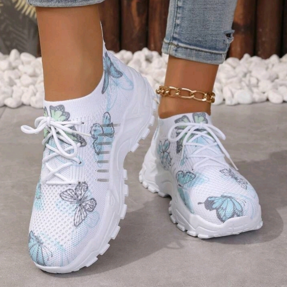 Women's Butterfly Pattern Mesh Sneakers, Color Block Low Top Lace-Up Casual - Picture 5 of 6